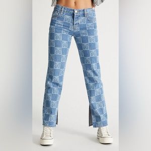 PacSun butterfly print blue denim jeans button fly split hem 100% cotton size 27